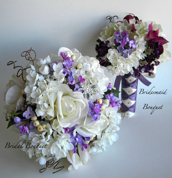 13 Piece Real Touch White Rose And Lilac Bridal Flower Package - Made To Order