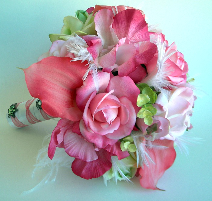 Pink Bridal Bouquet And Boutonniere Set With Feathers And Real Touch Flowers- Ready To Ship