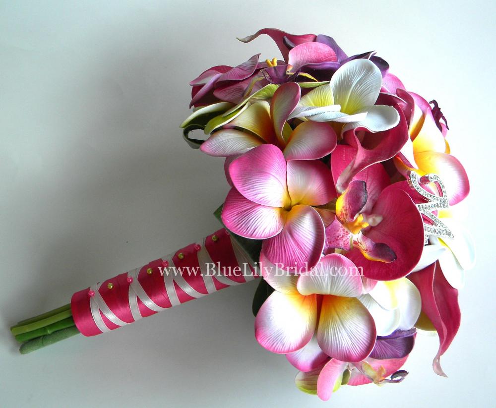 Pink Tropical Bridal Bouquet With Real Touch Plumerias, Calla's And Orchids - Made To Order